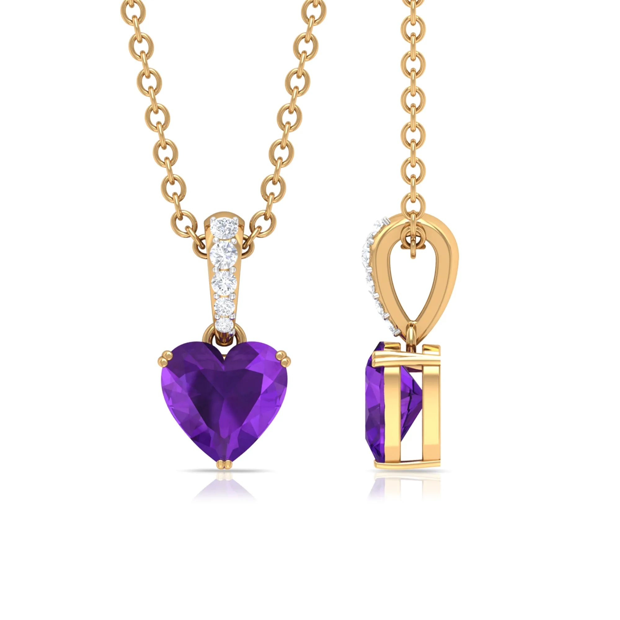 1 CT Heart Shape Amethyst and Diamond Solitaire Drop Pendant Necklace