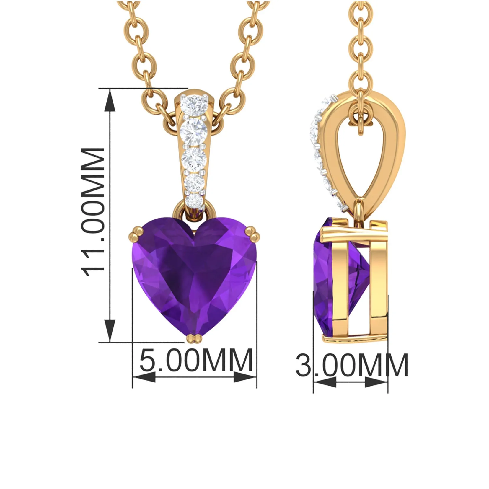 1 CT Heart Shape Amethyst and Diamond Solitaire Drop Pendant Necklace