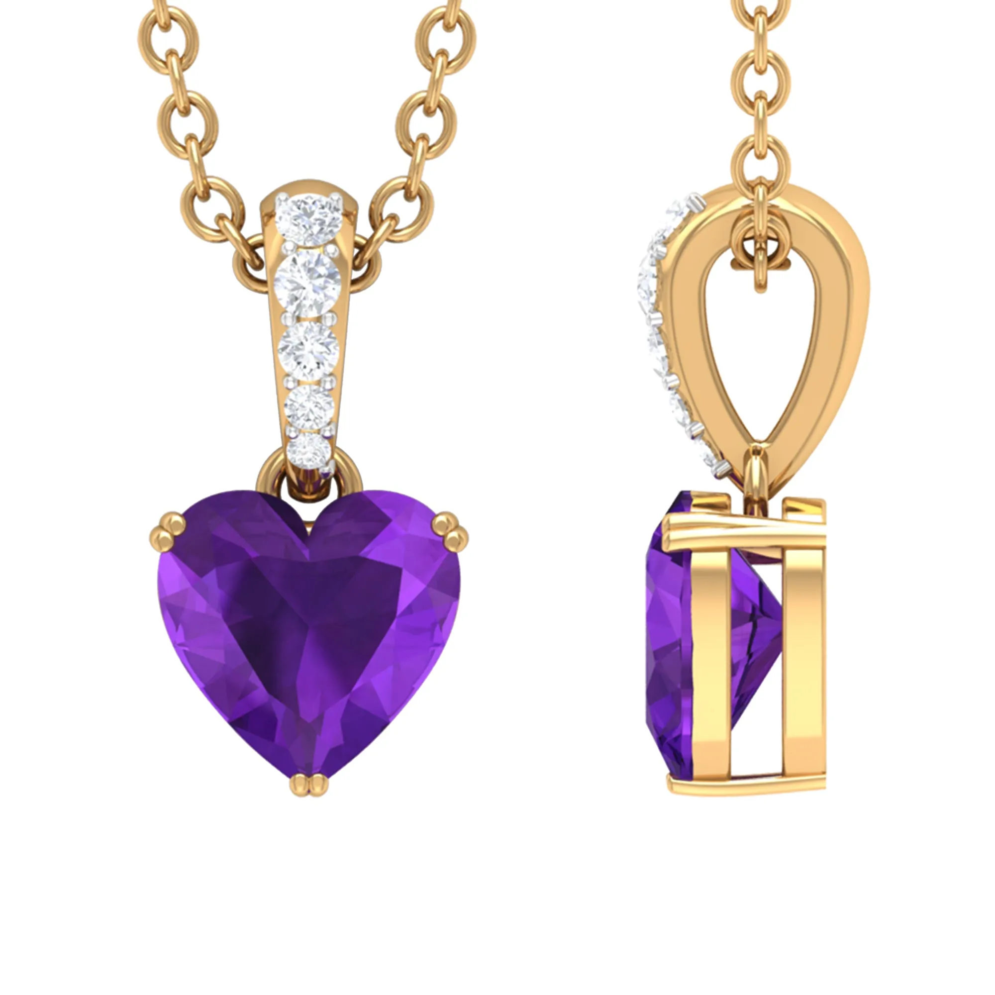 1 CT Heart Shape Amethyst and Diamond Solitaire Drop Pendant Necklace