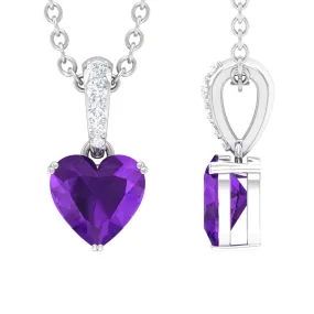 1 CT Heart Shape Amethyst and Diamond Solitaire Drop Pendant Necklace