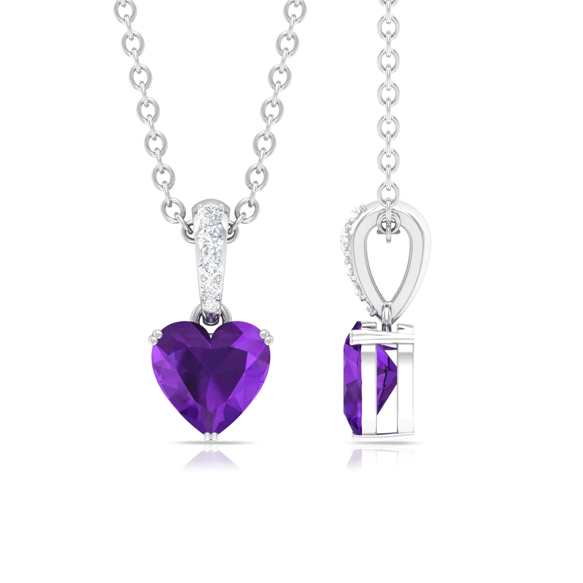 1 CT Heart Shape Amethyst and Diamond Solitaire Drop Pendant Necklace