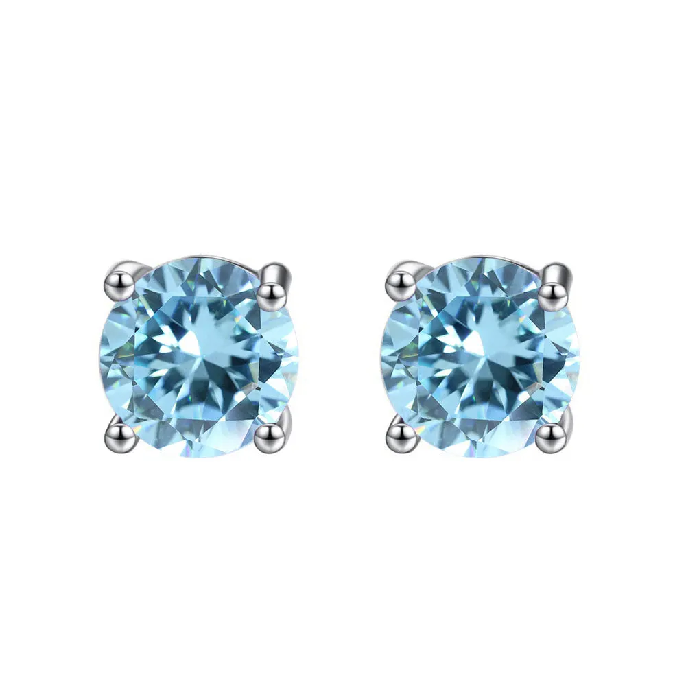 10k White Gold Plated  1 Carat Round Created Blue Topaz Sapphire Stud Earrings