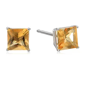 10k White Gold Plated 3 Carat Princess Cut Created Citrine Sapphire Stud Earrings