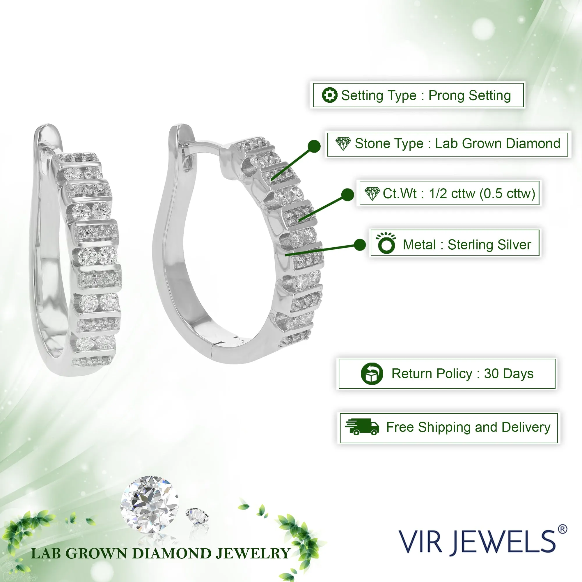 1/2 cttw Round Lab Grown Diamond hoop earrings .925 Sterling Silver Channel/Prong Set