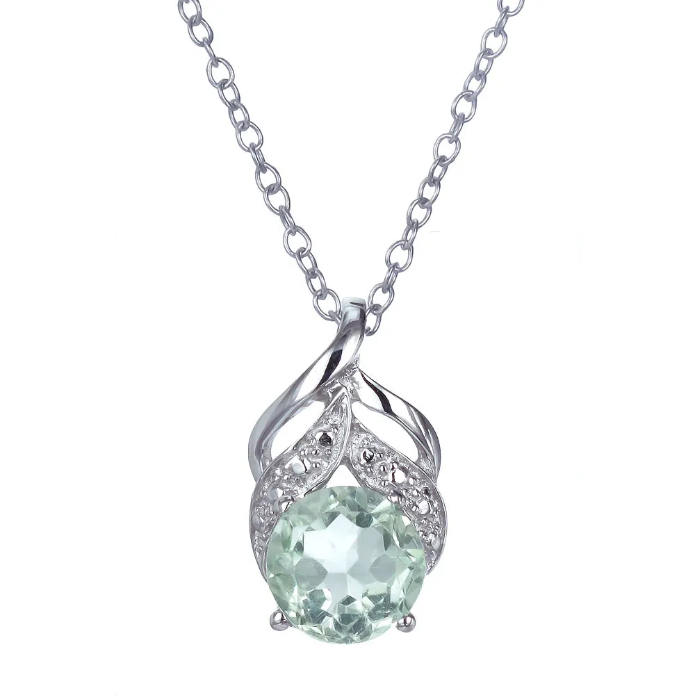 1.20 cttw Green Amethyst Pendant Necklace .925 Sterling Silver 7MM Round Rhodium