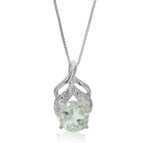 1.20 cttw Green Amethyst Pendant Necklace .925 Sterling Silver 7MM Round Rhodium