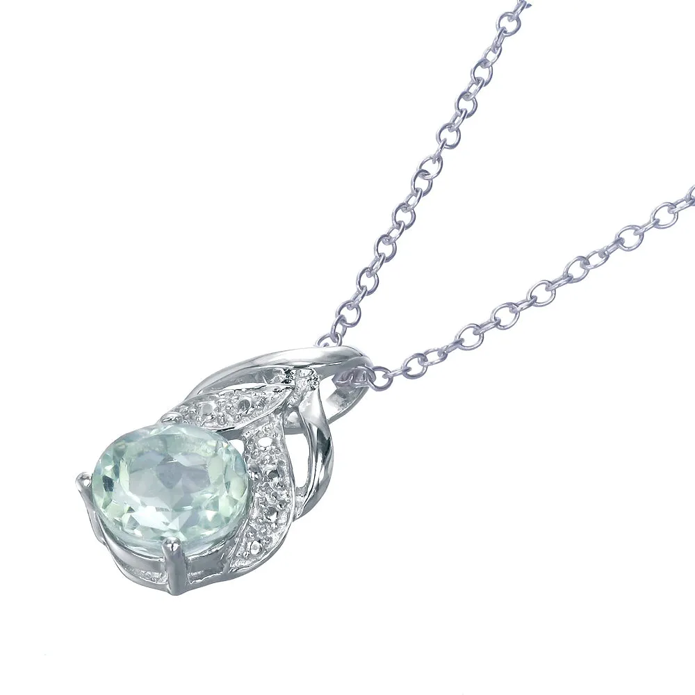 1.20 cttw Green Amethyst Pendant Necklace .925 Sterling Silver 7MM Round Rhodium