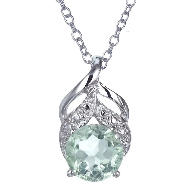 1.20 cttw Green Amethyst Pendant Necklace .925 Sterling Silver 7MM Round Rhodium