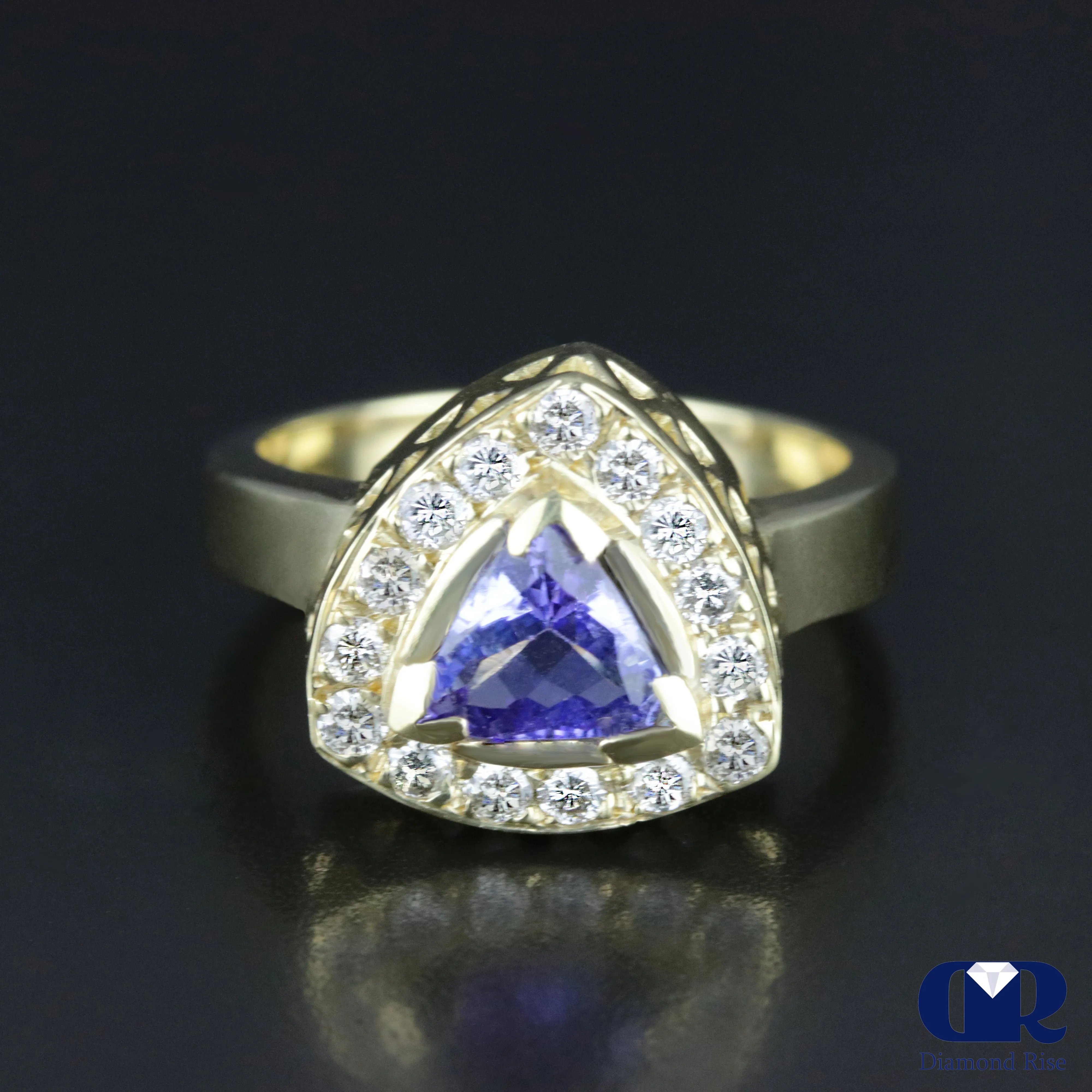 1.30 Ct Natural Trillion Tanzanite & Diamond Ring 14K Yellow Gold