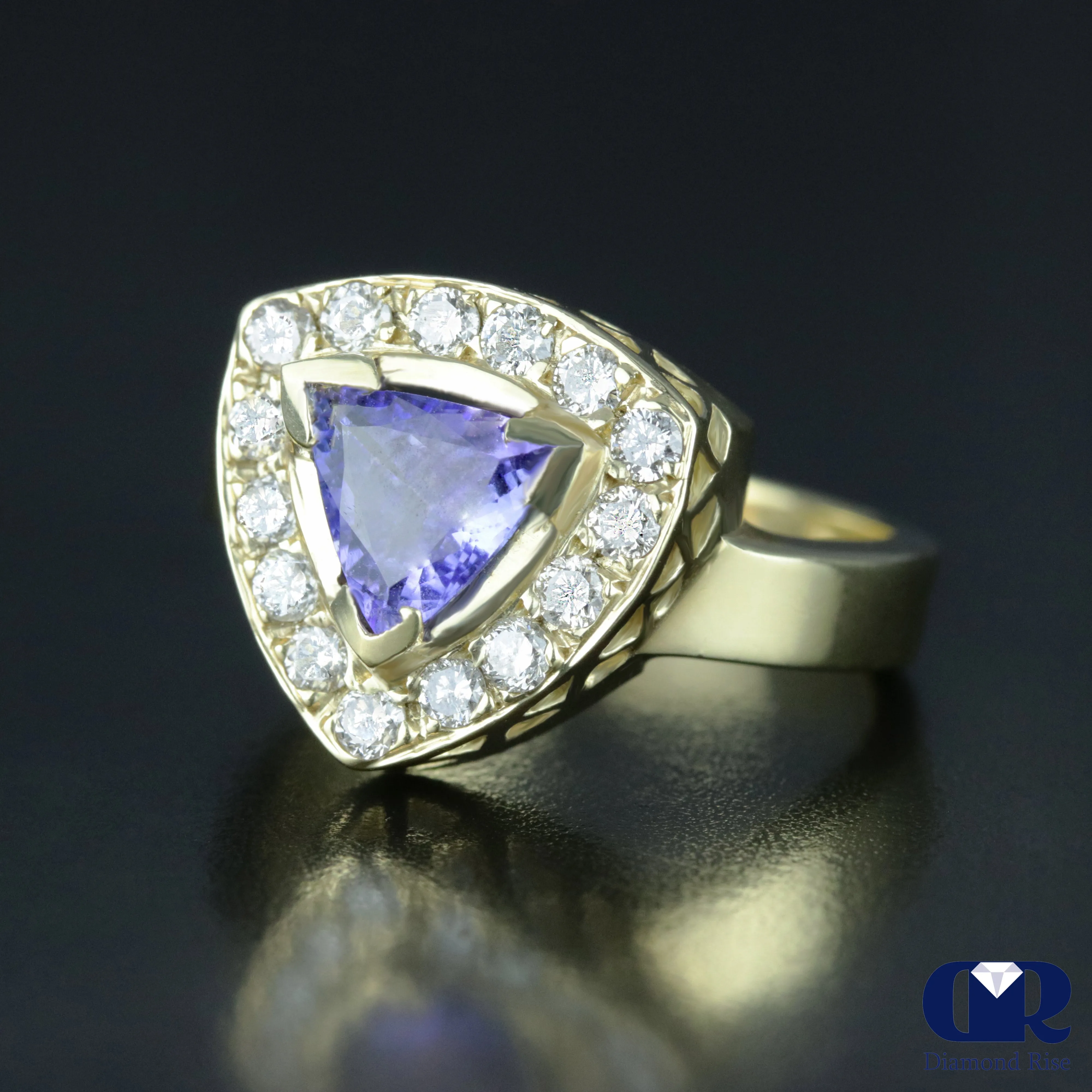 1.30 Ct Natural Trillion Tanzanite & Diamond Ring 14K Yellow Gold