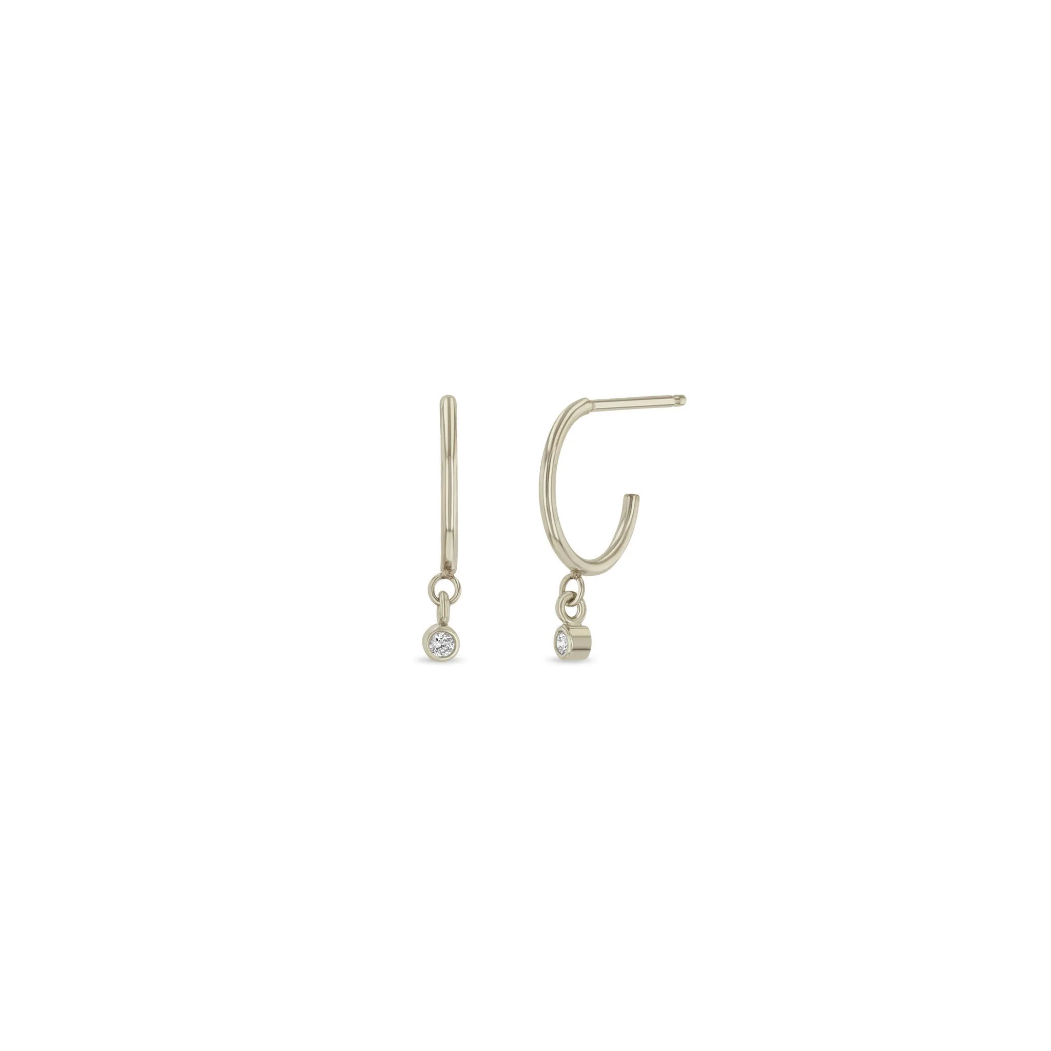 14k Dangling Diamond Bezel Thin Huggie Hoops