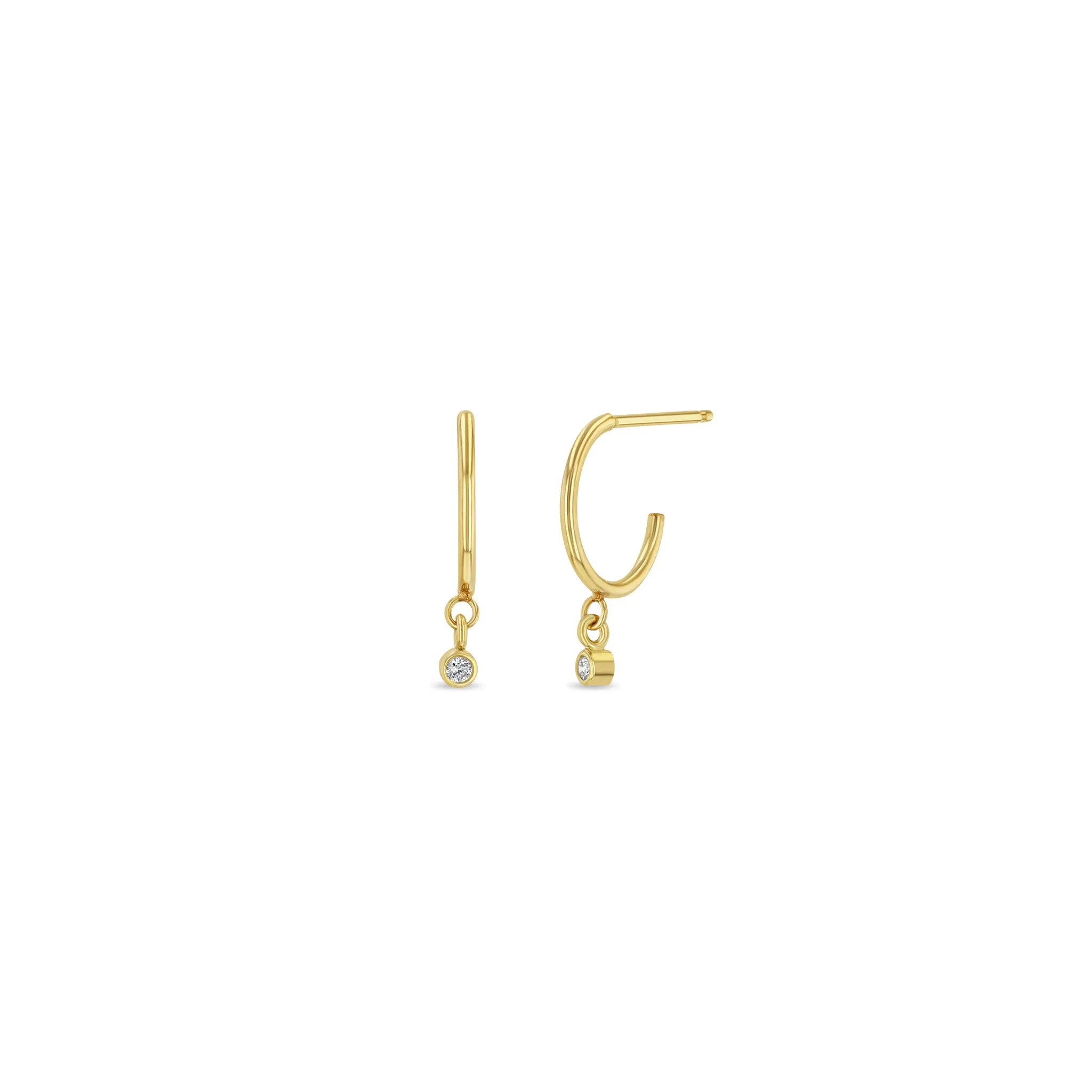 14k Dangling Diamond Bezel Thin Huggie Hoops