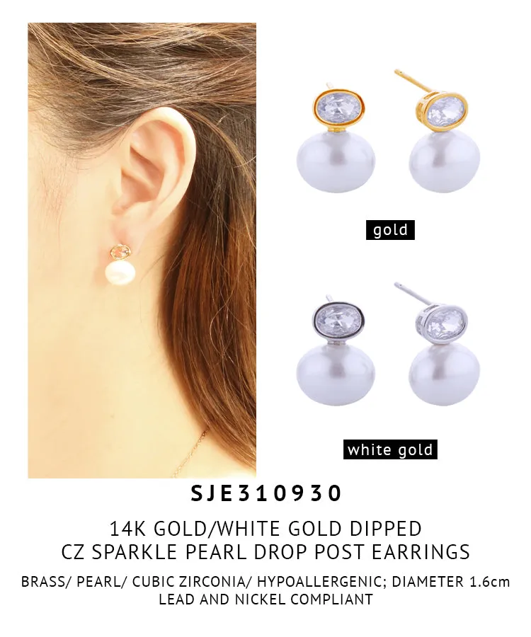 14K Gold Dipped CZ Sparkle Pearl Drop Post Earrings