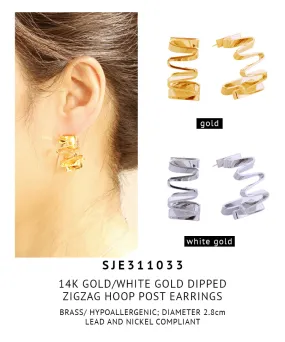 14K Gold Dipped Zigzag Hoop Post Earrings