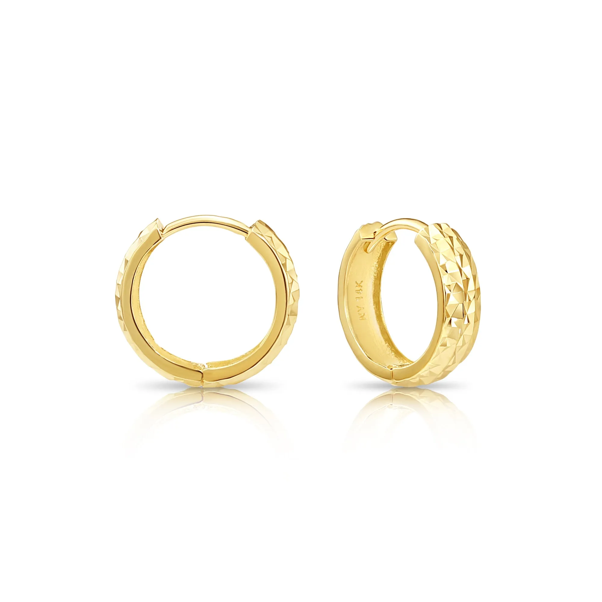 14K Gold Hand Engraved Huggies, Dainty 13mm Gold Earrings