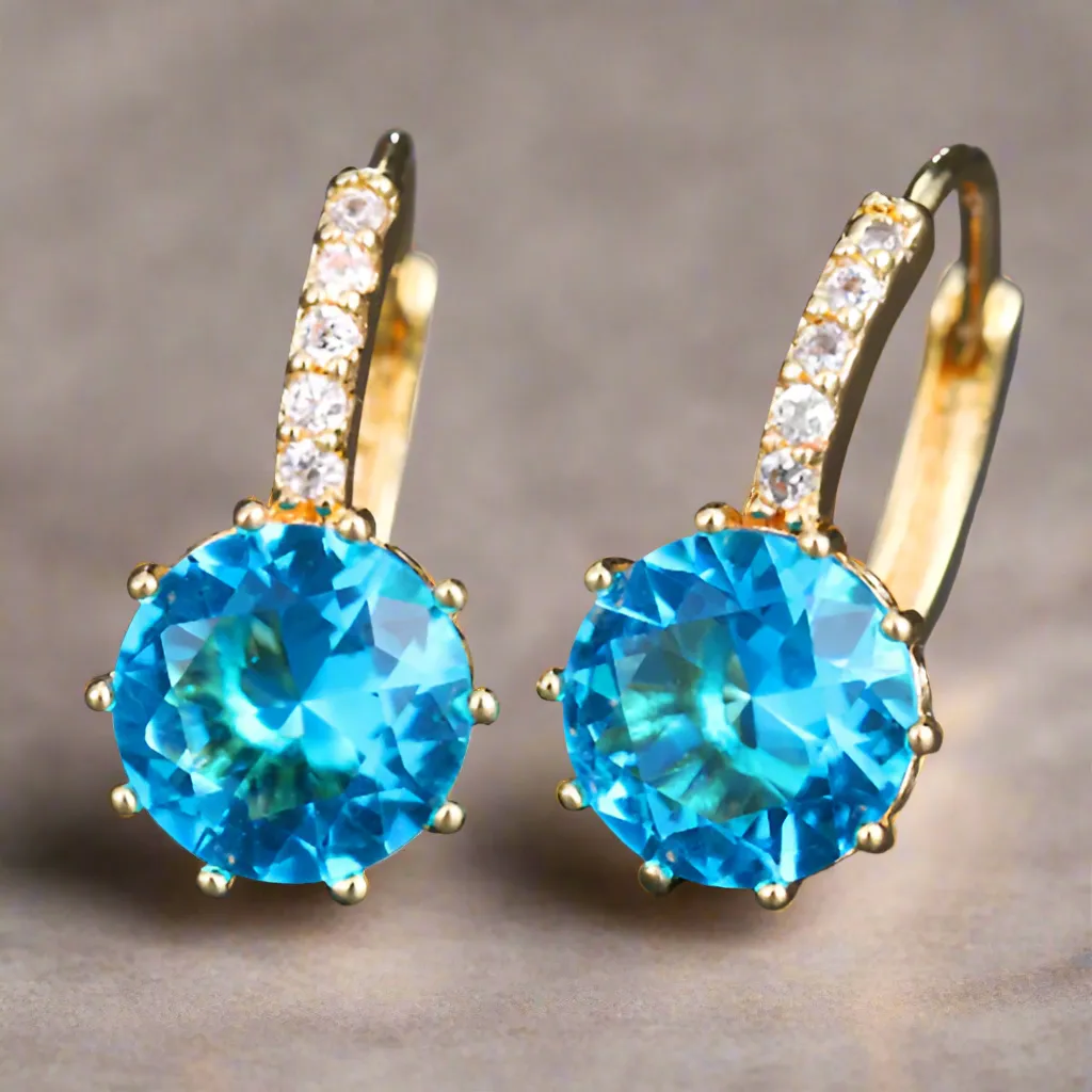 14K Gold Plated Pretty Aqua OB 3.5CTW CZ Solitaire Yellow Gold Hoop Earrings for Woman