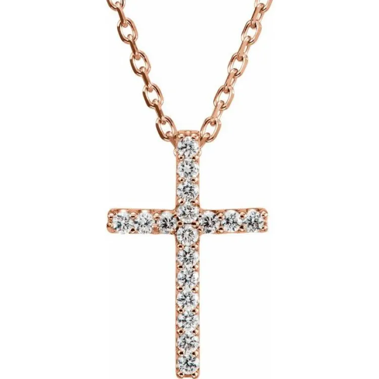 14K Rose .06 CTW Lab-Grown Diamond Petite Cross 16" Necklace