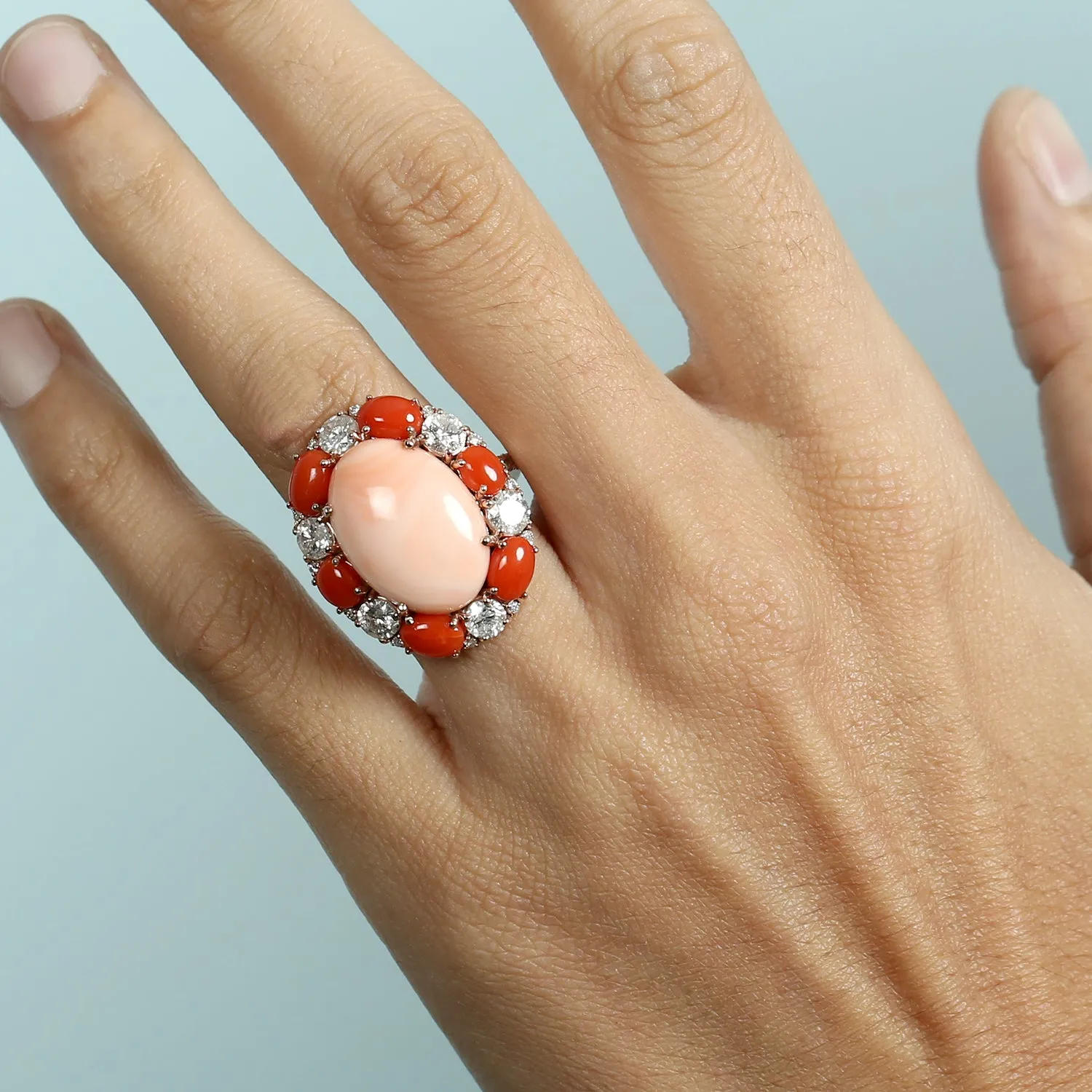 14K Rose Gold Oval Cut Coral Gemstone Prong Rose Cut Diamond Cocktail Ring For Her