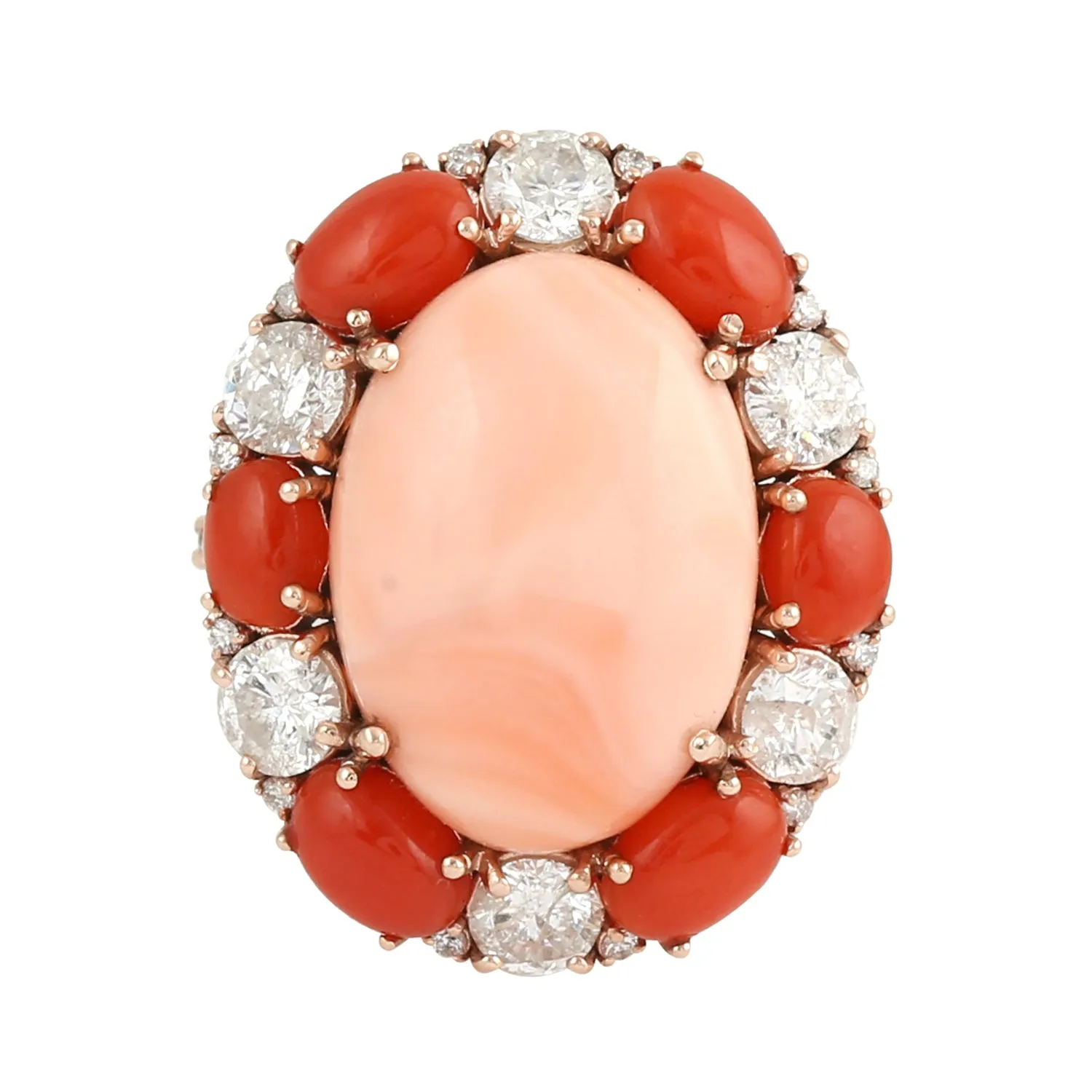 14K Rose Gold Oval Cut Coral Gemstone Prong Rose Cut Diamond Cocktail Ring For Her