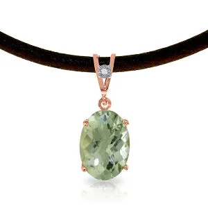 14K Solid Rose Gold & Leather Diamond/Green Amethyst Oval Cut Necklace