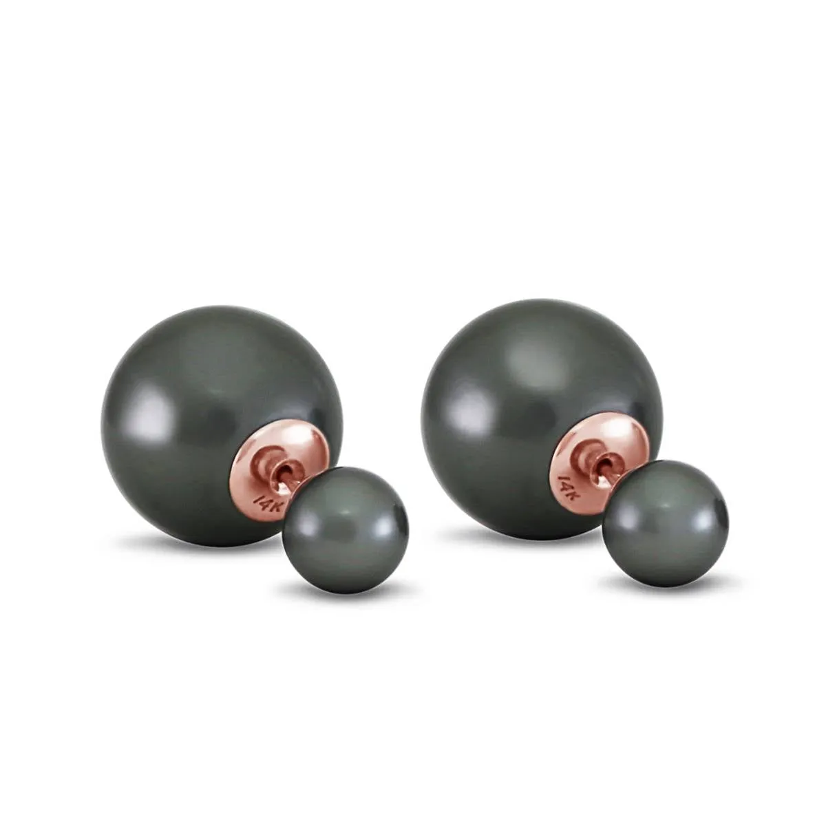 14K Solid Rose Gold Fashion Style Tribal Double Black Shell Pearls Stud Earrings