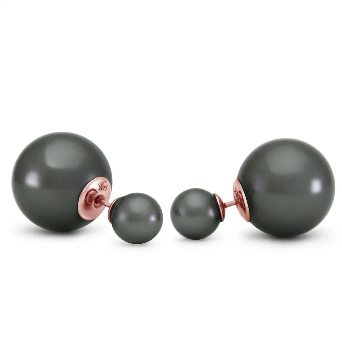 14K Solid Rose Gold Fashion Style Tribal Double Black Shell Pearls Stud Earrings