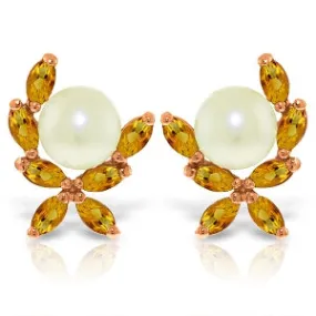 14K Solid Rose Gold Stud Earrings w/ Natural Citrines & Pearls