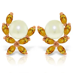 14K Solid Rose Gold Stud Earrings w/ Natural Citrines & Pearls