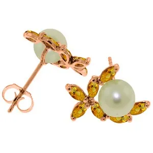 14K Solid Rose Gold Stud Earrings w/ Natural Citrines & Pearls