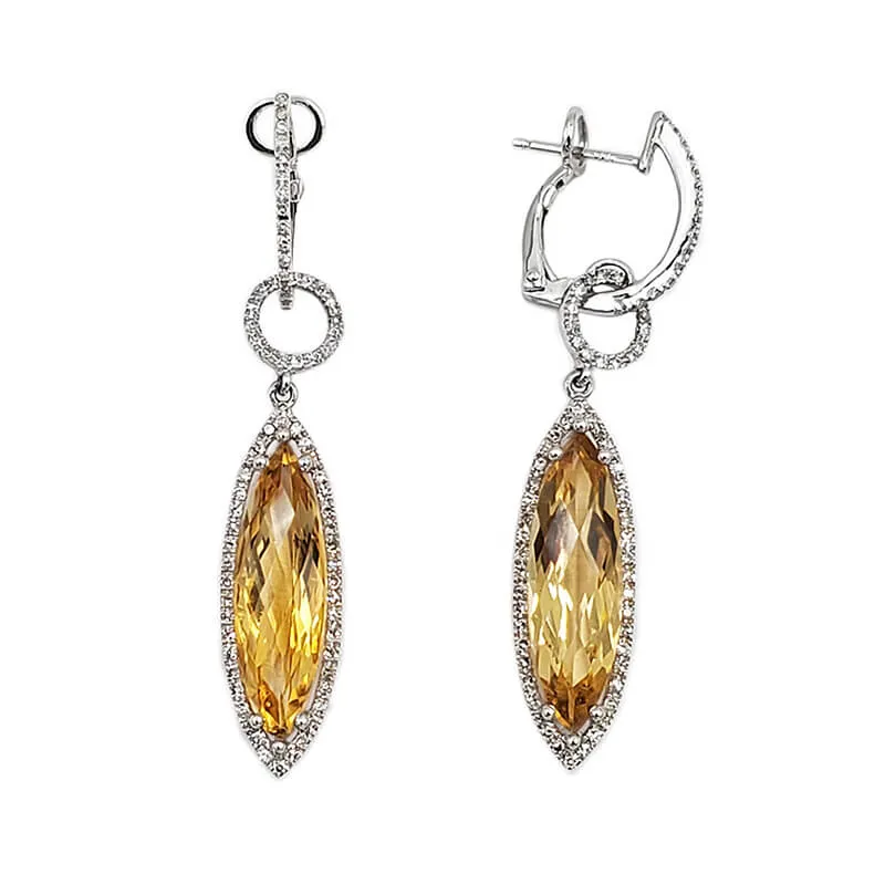 14K White Gold Citrine and Diamond Drop Earrings