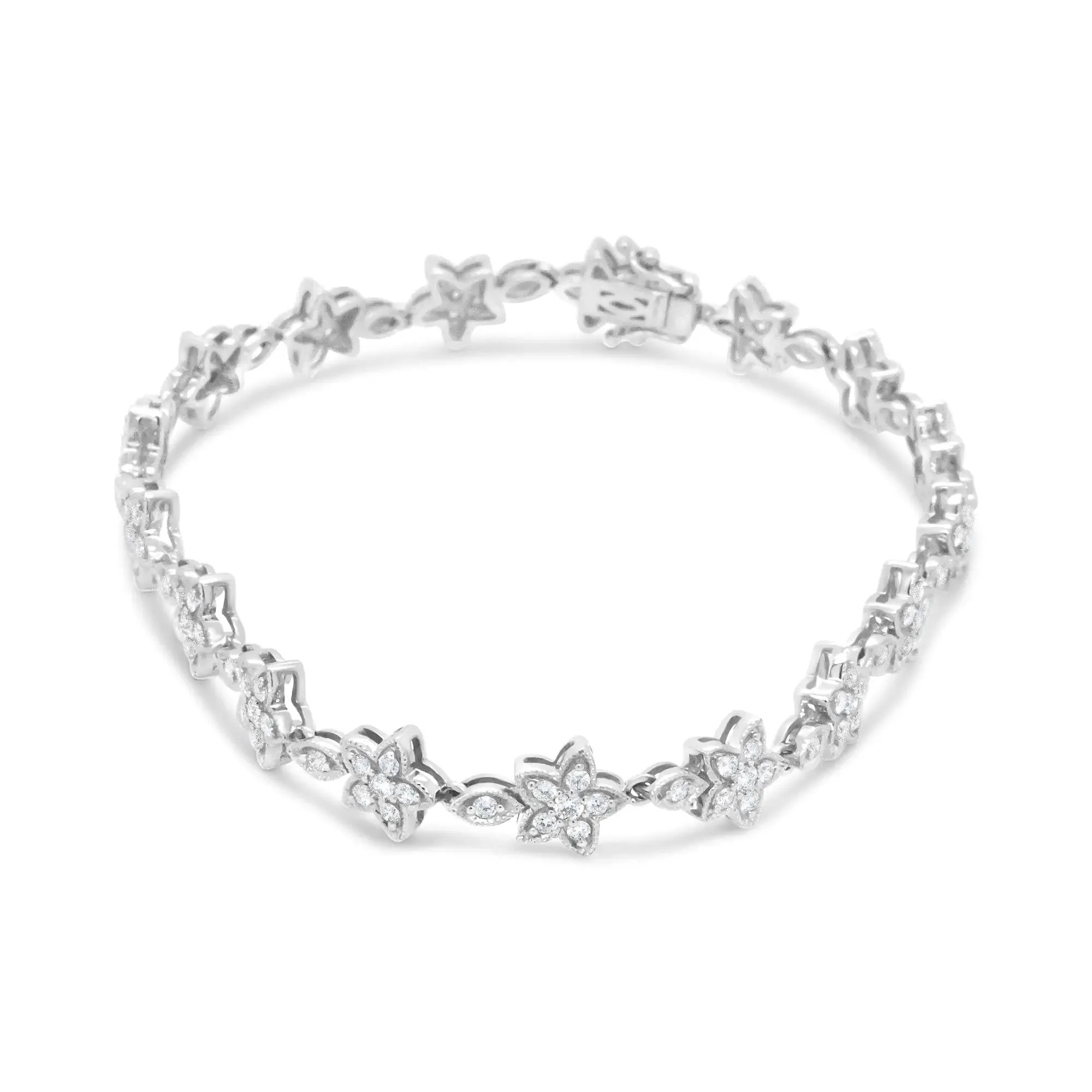 14K White Gold Diamond Floral Elegance Bracelet with 1 1/5 Cttw Sparkle