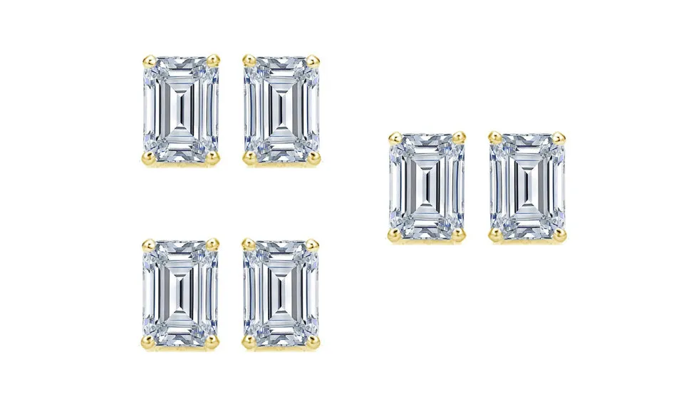 14k Yellow Gold 1Ct Emerald Cut White Sapphire Set Of Three Stud Earrings Plated