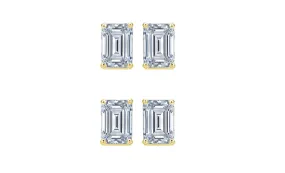 14k Yellow Gold 2Ct Emerald Cut White Sapphire Set Of Two Stud Earrings Plated