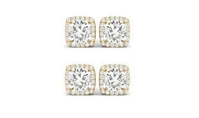 14k Yellow Gold 3Ct Cushion Cut White Sapphire Set Of Two Halo Stud Earrings Plated