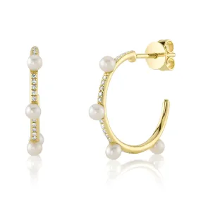 14K Yellow Gold Cultured Pearl and Diamond Hoop Earrings