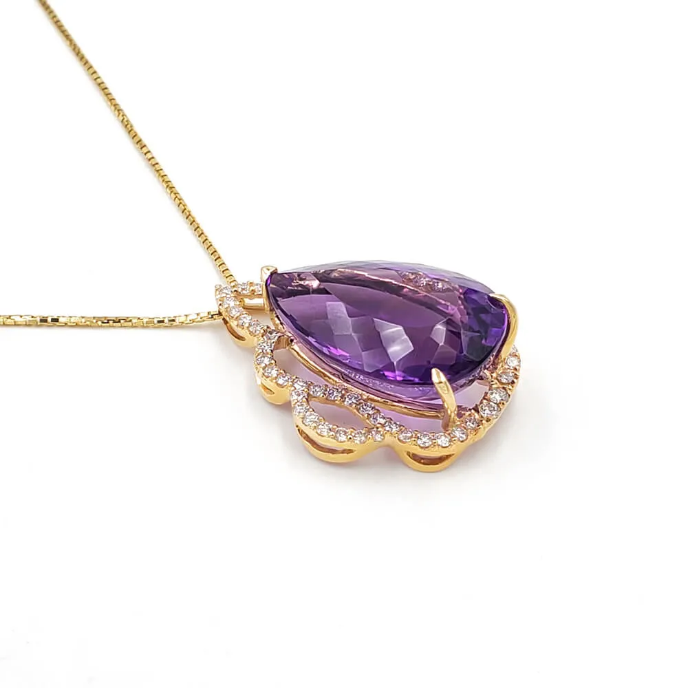 14K Yellow Gold Diamond Amethyst Pendant Necklace