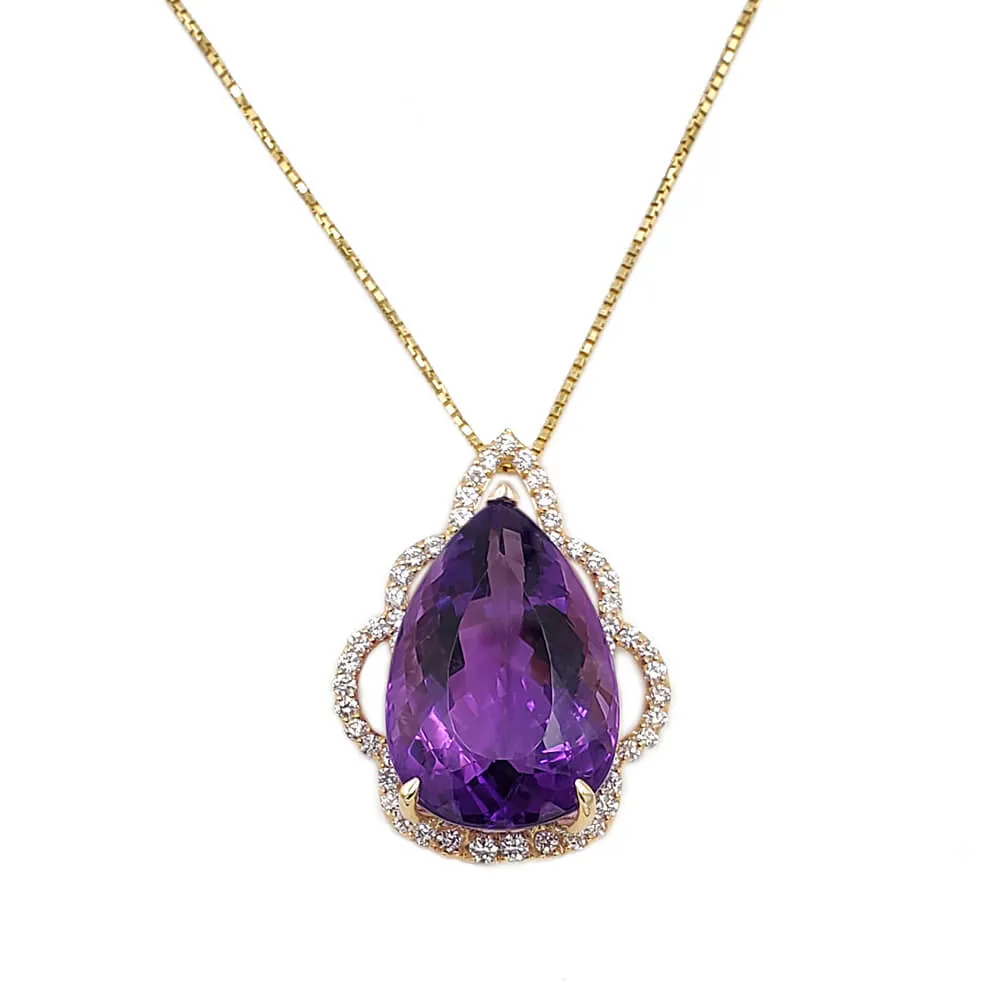 14K Yellow Gold Diamond Amethyst Pendant Necklace