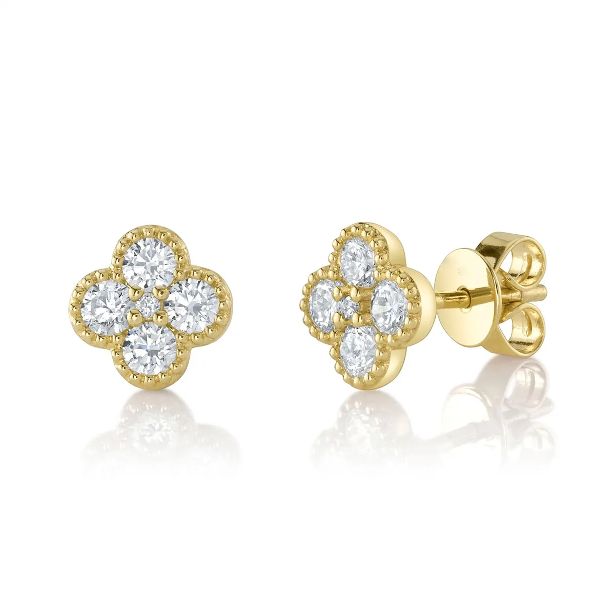 14K Yellow Gold Diamond Clover Stud Earrings