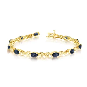 14K Yellow Gold Oval Sapphire Stones And Diamonds Tennis Bracelet, 7"