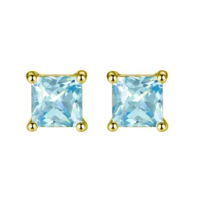 14k Yellow Gold Plated 1 Carat Princess Cut Created Blue Topaz Sapphire Stud Earrings