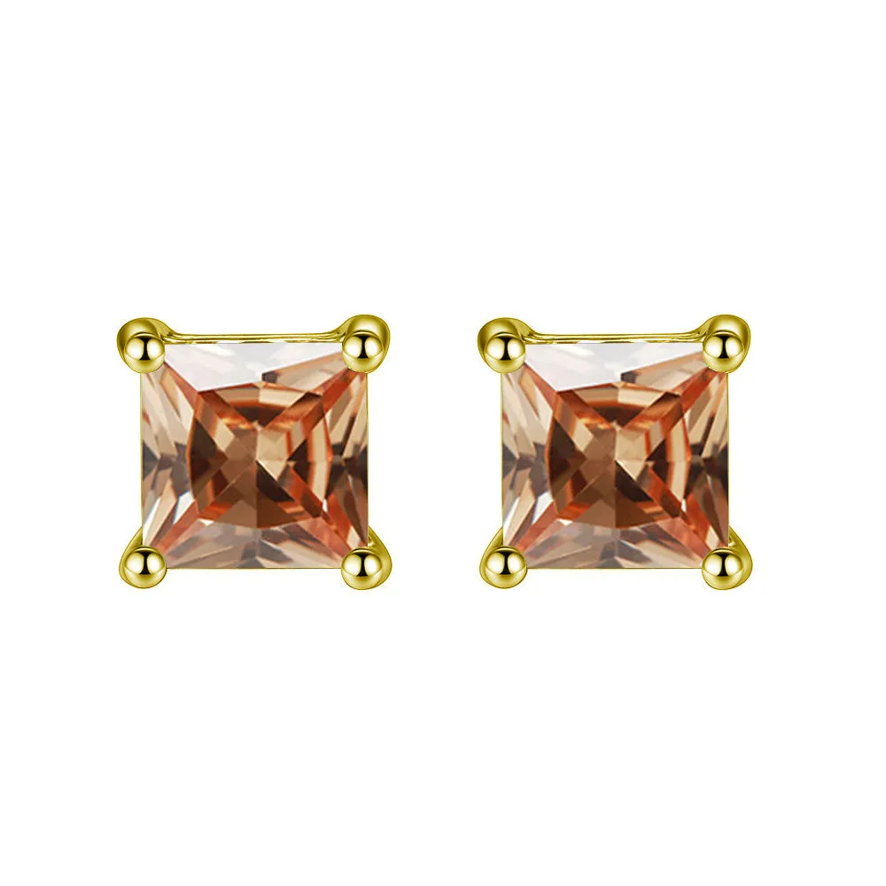 14k Yellow Gold Plated 1/2 Carat Princess Cut Created Champagne Sapphire Stud Earrings