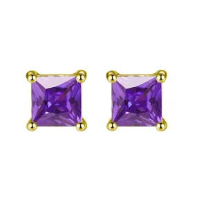 14k Yellow Gold Plated 2 Carat Princess Cut Created Amethyst Sapphire Stud Earrings