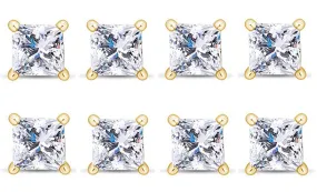 14k Yellow Gold Plated 2Ct Princess Cut White Sapphire Set Of Four Stud Earrings