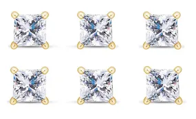 14k Yellow Gold Plated 2Ct Princess Cut White Sapphire Set Of Three Stud Earrings