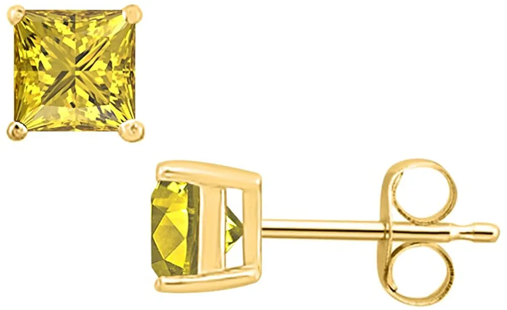 14k Yellow Gold Plated 4 Carat Princess Cut Created Yellow Sapphire Stud Earrings