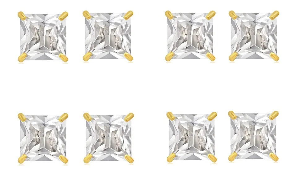 14k Yellow Gold Plated 4mm 2Ct Square Cut White Sapphire Set Of Four Stud Earrings