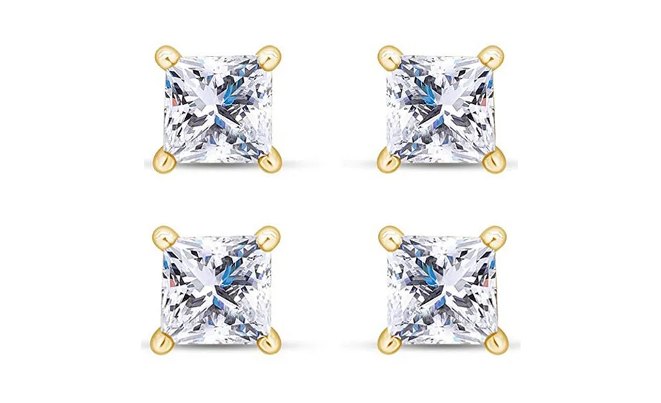 14k Yellow Gold Plated 4mm 3Ct Princess Cut White Sapphire Set Of Two Stud Earrings