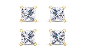 14k Yellow Gold Plated 4mm 3Ct Princess Cut White Sapphire Set Of Two Stud Earrings