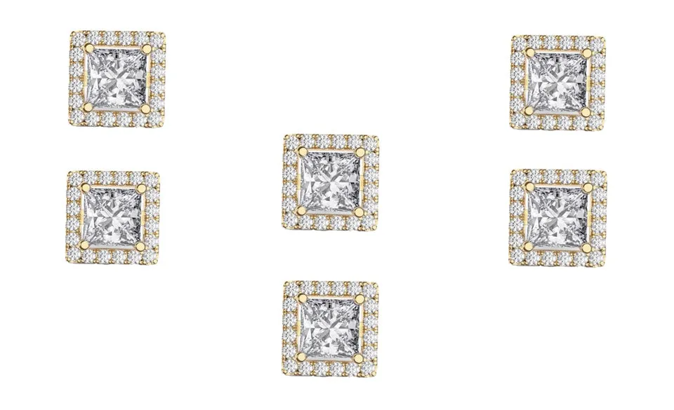 14k Yellow Gold Plated 4mm 4Ct Square Cut White Sapphire Set of Three Halo Stud Earrings