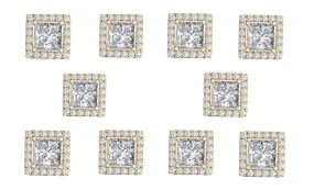 14k Yellow Gold Plated 6mm 2Ct Square Cut White Sapphire Set of Five Halo Stud Earrings